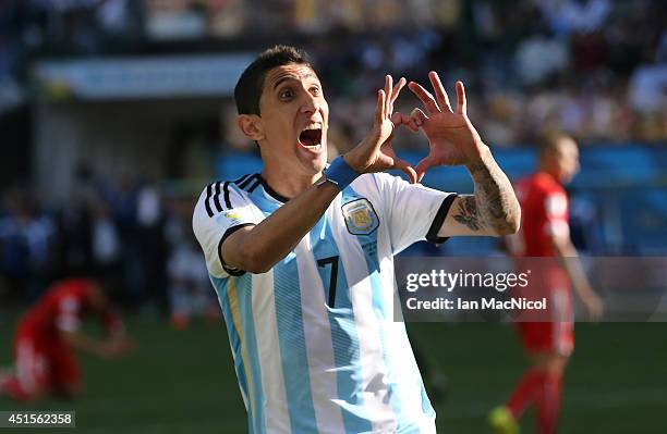 Angel Di Maria of Argentina celebrates scoring in extra time during the 2014 FIFA World Cup Brazil Round of 16 match between Argentina and...