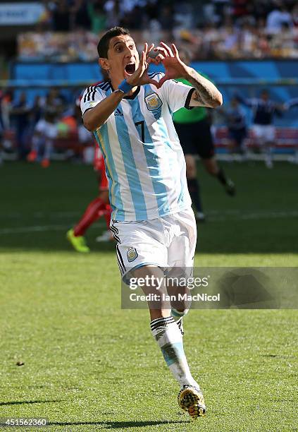 Angel Di Maria of Argentina celebrates scoring in extra time during the 2014 FIFA World Cup Brazil Round of 16 match between Argentina and...