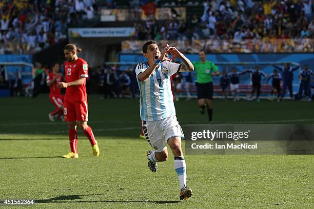 Angel Di Maria of Argentina celebrates scoring in extra time during the 2014 FIFA World Cup Brazil Round of 16 match between Argentina and...
