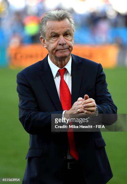 Head coach Ottmar Hitzfeld of Switzerland reacts after the 0-1 defeat in the 2014 FIFA World Cup Brazil Round of 16 match between Argentina and...