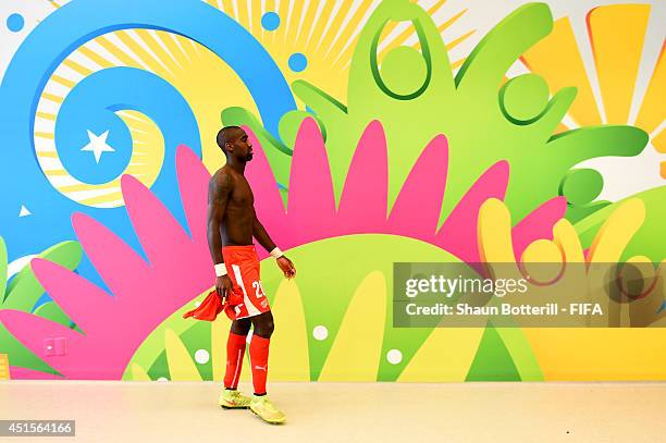 Johan Djourou of Switzerland walks in the tunnel after the 0-1 defeat in the 2014 FIFA World Cup Brazil Round of 16 match between Argentina and...