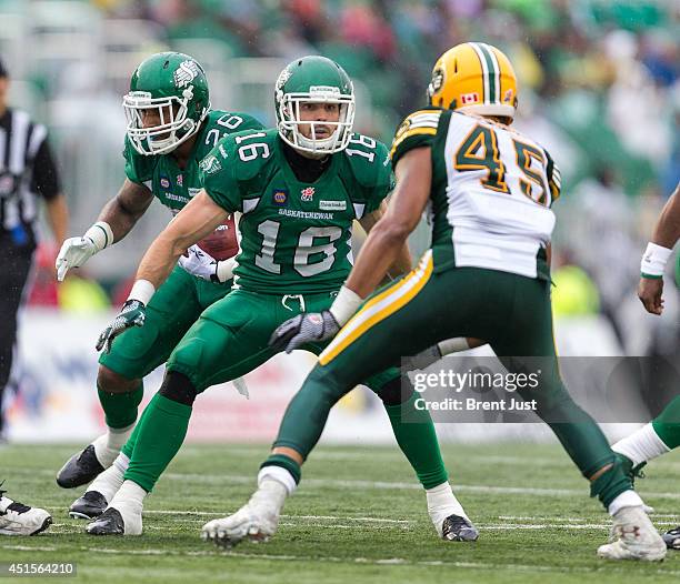 Brett Swain of the Saskatchewan Roughriders looks to make a block for Anthony Allen of the Saskatchewan Roughriders during a pre-season game between...
