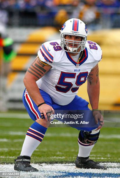 Doug Legursky of the Buffalo Bills plays against the Pittsburgh Steelers during the game on November 10, 2013 at Heinz Field in Pittsburgh,...