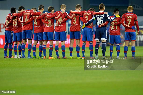 Players of PFC CSKA Moscow during a moment of silence in memory of those killed in a plane crash in Kazan before the Russian Premier League match...