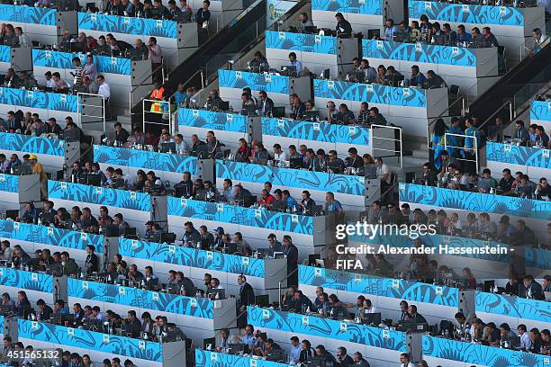 Media tribune seen during the 2014 FIFA World Cup Brazil Round of 16 match between Argentina and Switzerland at Arena de Sao Paulo on July 1, 2014 in...