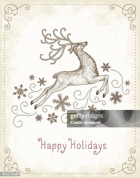 ilustraciones, imágenes clip art, dibujos animados e iconos de stock de holiday reno de - hand drawn christmas card with reindeer
