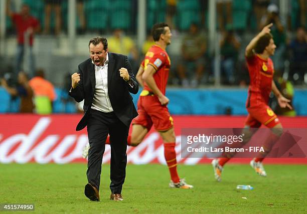 Head coach Marc Wilmots of Belgium celebrates his team's first goal during the 2014 FIFA World Cup Brazil Round of 16 match between Belgium and USA...