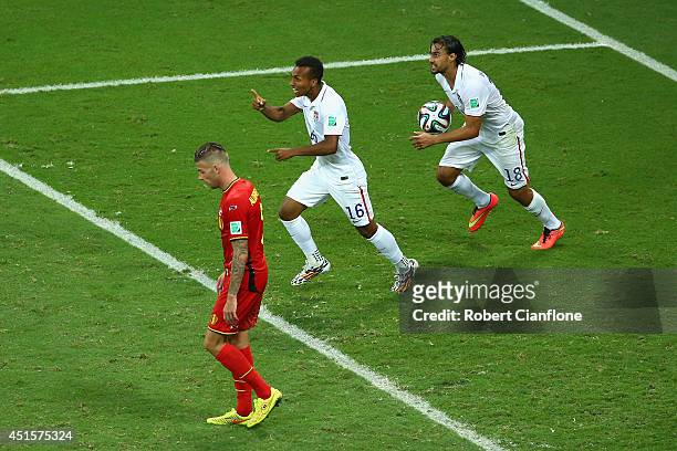 Julian Green of the United States celebrates scoring his team's first goal in extra time with Chris Wondolowski during the 2014 FIFA World Cup Brazil...