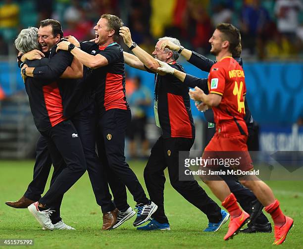 Head coach Marc Wilmots of Belgium celebrates after defeating the United States 2-1 in extra time during the 2014 FIFA World Cup Brazil Round of 16...