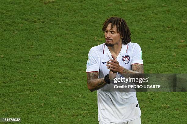 Midfielder Jermaine Jones leaves the pitch after a Round of 16 football match between Belgium and USA at Fonte Nova Arena in Salvador during the 2014...