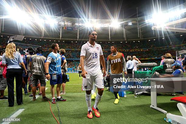 Chris Wondolowski of the United States walks off the pitch after the 1-2 defeat in the 2014 FIFA World Cup Brazil Round of 16 match between Belgium...