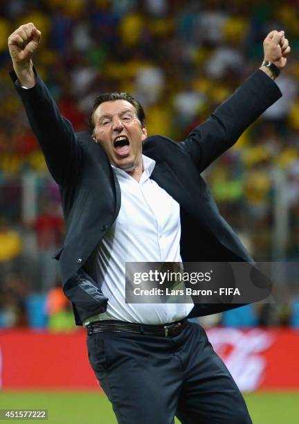 Head coach Marc Wilmots of Belgium celebrates victory after the 2014 FIFA World Cup Brazil Round of 16 match between Belgium and USA at Arena Fonte...