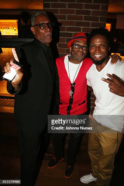 Thomas Jefferson Byrd, Spike Lee, and Elvis Nolasco attend "Da Sweet Blood Of Jesus" cast and crew special screening after party at Hudson Hotel on...