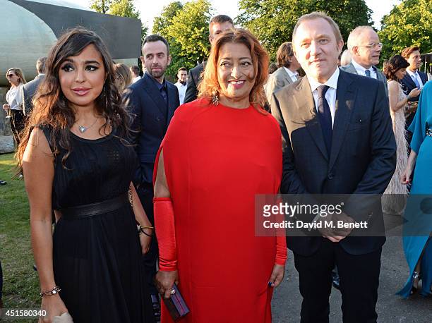 Leyla Aliyeva, Zaha Hadid and Francois-Henri Pinault attend The Serpentine Gallery Summer Party co-hosted by Brioni at The Serpentine Gallery on July...
