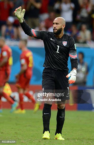 Tim Howard of United States reacts during the World Cup round of 16 soccer match between Belgium and the USA at the Arena Fonte Nova in Salvador,...