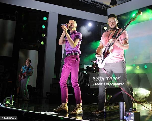 Tyler Glenn and Branden Campbell of Neon Trees perform during the iHeartRadio Ultimate Pool Party Presented By VISIT FLORIDA At Fontainebleau's...