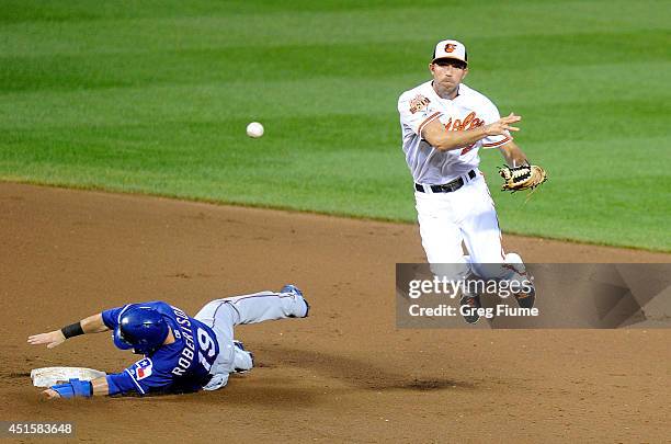 Hardy of the Baltimore Orioles forces out Dan Robertson of the Texas Rangers to start a double play in the fifth inning at Oriole Park at Camden...