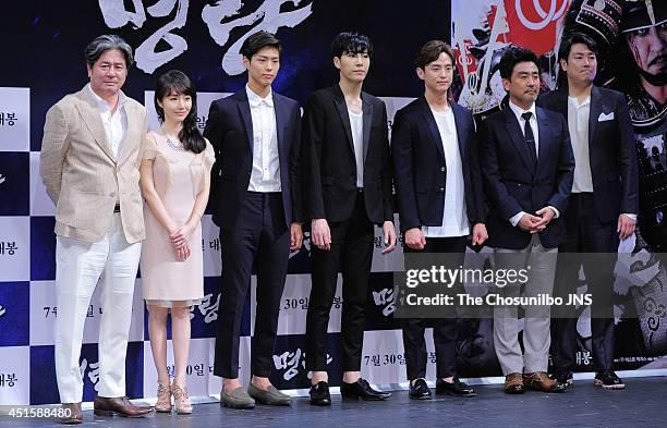 Choi Min-Sik, Lee Jung-Hyun, Park Bo-Gum, No Min-Woo, Kwon Yul, Ryu Seung-Ryong and Jo Jin-Woong attend the movie 'Roaring Currents' press conference...
