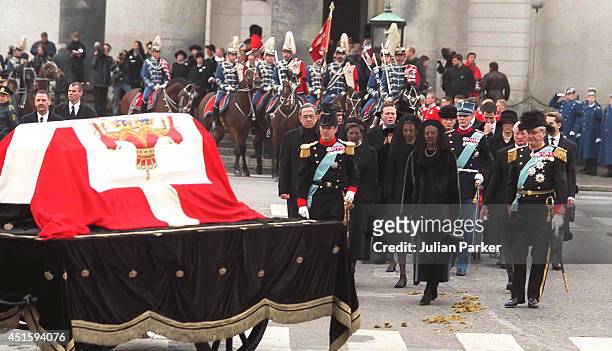 Crown Prince Frederik of Denmark, Queen Margrethe of Denmark, and Prince Henrik of Denmark, and members of the Royal Family follow the Funeral...