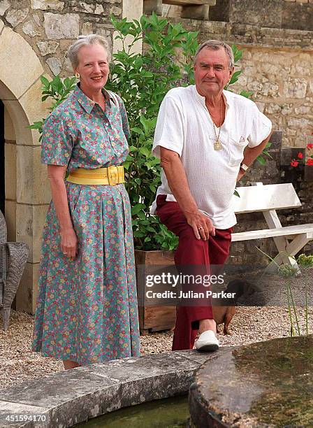 Queen Margrethe of Denmark, and Prince Henrik attend a Photocall, at their Summer House, Chateau de Cayx in Luzech, on August 7 in Luzech, France.