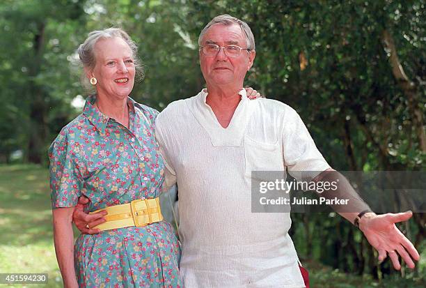 Queen Margrethe of Denmark, and Prince Henrik attend a Photocall, at their Summer House, Chateau de Cayx in Luzech, on August 7 in Luzech, France.