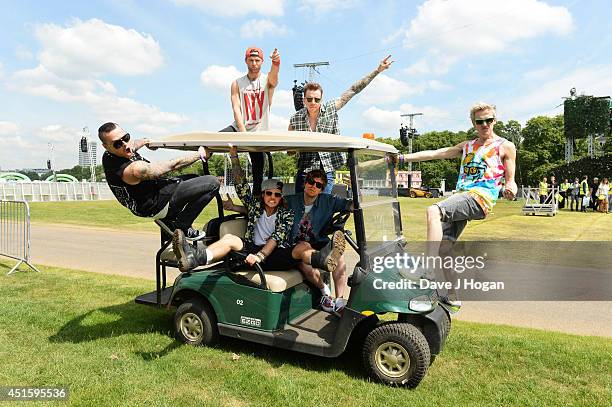 Tom Fletcher, Danny Jones, Dougie Poynter, Harry Judd, James Bourne and Matt Willis of McBusted pose ahead of their concert on the 6th July at...