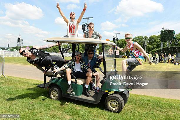 Tom Fletcher, Danny Jones, Dougie Poynter, Harry Judd, James Bourne and Matt Willis of McBusted pose ahead of their concert on the 6th July at...