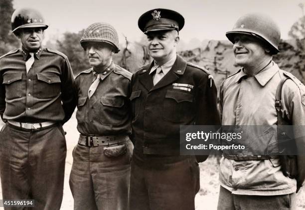 Left to right, Lieutenant General Omar Bradley , Major General Leonard T Gerow , Supreme Commander General Dwight Eisenhower and Major General James...