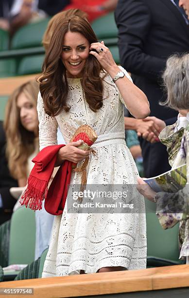Catherine, Duchess of Cambridge attends the Simone Halep v Sabine Lisicki match on centre court during day nine of the Wimbledon Championships at...