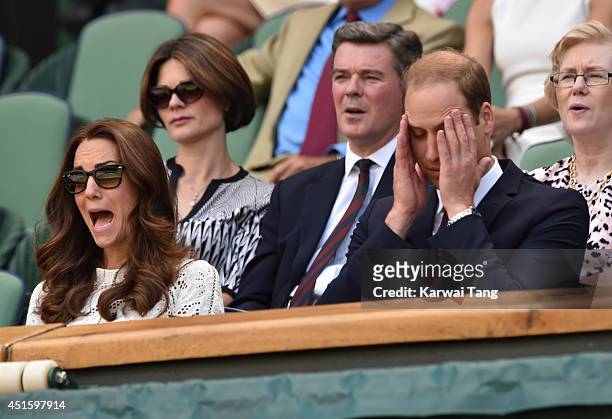 Catherine, Duchess of Cambridge and Prince William, Duke of Cambridge attend the Simone Halep v Sabine Lisicki match on centre court during day nine...
