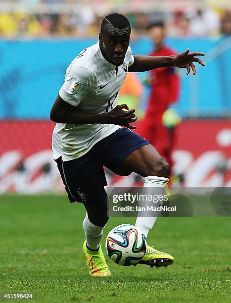 Blaise Matuidi of France runs with the ball during the 2014 FIFA World Cup Brazil Round of 16 match between France and Nigeria at the Estadio...