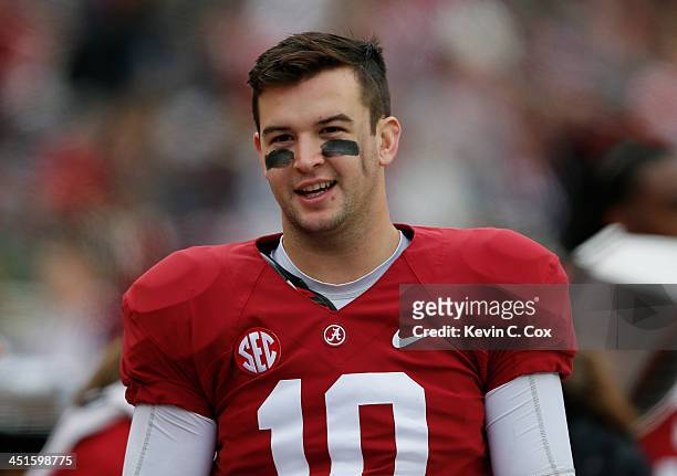 McCarron of the Alabama Crimson Tide reacts in the final minutes of their 49-0 over the Chattanooga Mocs at Bryant-Denny Stadium on November 23, 2013...