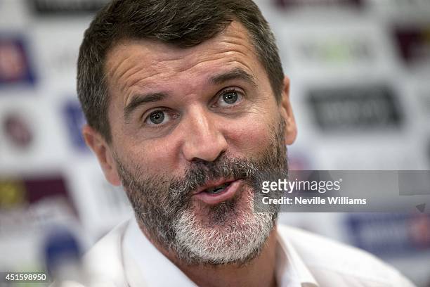 Roy Keane, the new assistant manager of Aston Villa, attends a press conference at the club's training ground at Bodymoor Heath on July 02, 2014 in...