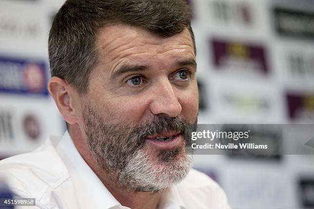 Roy Keane, the new assistant manager of Aston Villa, attends a press conference at the club's training ground at Bodymoor Heath on July 02, 2014 in...