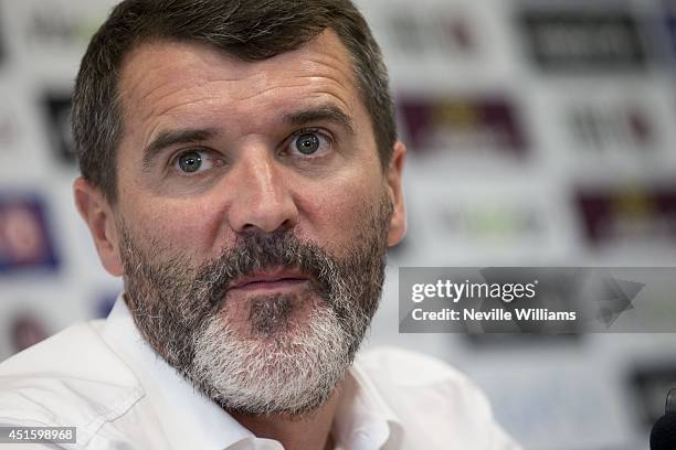 Roy Keane, the new assistant manager of Aston Villa, attends a press conference at the club's training ground at Bodymoor Heath on July 02, 2014 in...