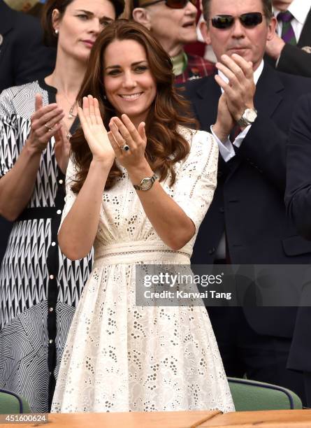 Catherine; Duchess of Cambridge attends the Andy Murray v Grigor Dimitrov match on centre court during day nine of the Wimbledon Championships at...