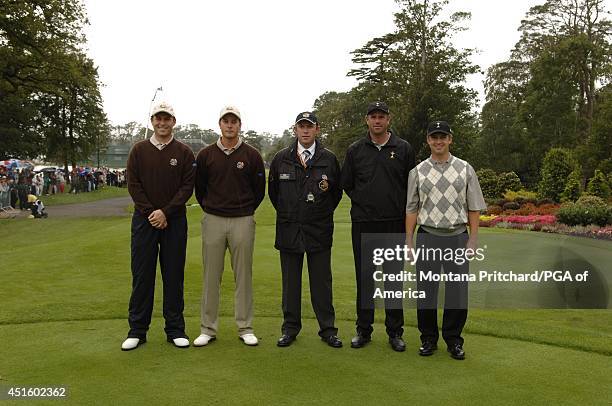 David Howell, Henrik Stenson, rules official Simon Higginbottom, Stewart Cink and David Toms during afternoon Foursome matches for the Ryder Cup held...