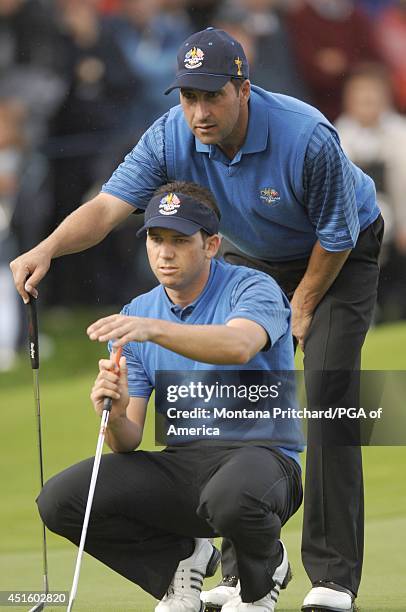 Sergio Garcia and Jose Maria Olazabal on No. 6 during Round 2 morning Four-Ball matches the Ryder Cup held at The K-Club in Straffan, Ireland....