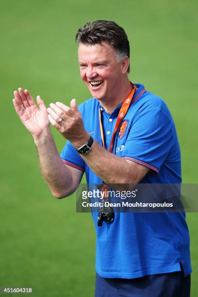 Head coach Louis van Gaal of the Netherlands laughs during the Netherlands training session at the 2014 FIFA World Cup Brazil held at the Estadio...