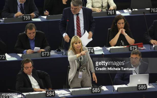 Italian MEP Alessandra Mussolini speaks in the plenary room in the European Parliament ahead of the beginning of the six-month Italian presidency of...