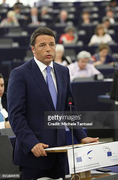 Italian Prime Minister Matteo Renzi delivers a speech to the plenary room in the European Parliament ahead of the beginning of the six-month Italian...