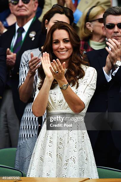 Catherine, Duchess of Cambridge attends day nine of the Wimbledon Lawn Tennis Championships at the All England Lawn Tennis and Croquet Club at...