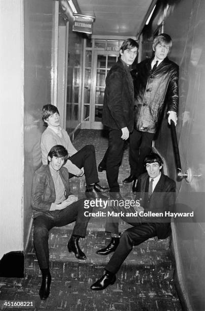 7th MARCH: English rock and roll group The Rolling Stones posed in a corridor at the Midland Hotel in Manchester, England on 7th March 1965....