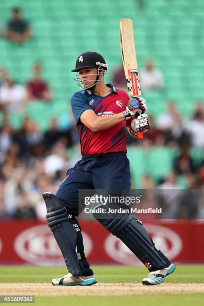 Fabian Cowdrey of Kent hits out during the Natwest T20 Blast match between Surrey and Kent Spitfires at The Kia Oval on July 2, 2014 in London,...