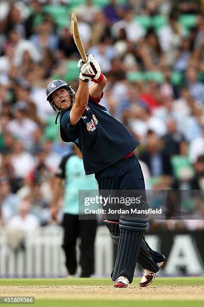 Sam Northeast of Kent hits out during the Natwest T20 Blast match between Surrey and Kent Spitfires at The Kia Oval on July 2, 2014 in London,...