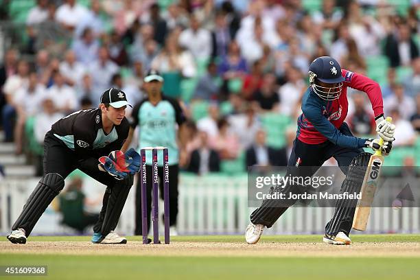 Daniel Bell-Drummond of Kent hits out during the Natwest T20 Blast match between Surrey and Kent Spitfires at The Kia Oval on July 2, 2014 in London,...