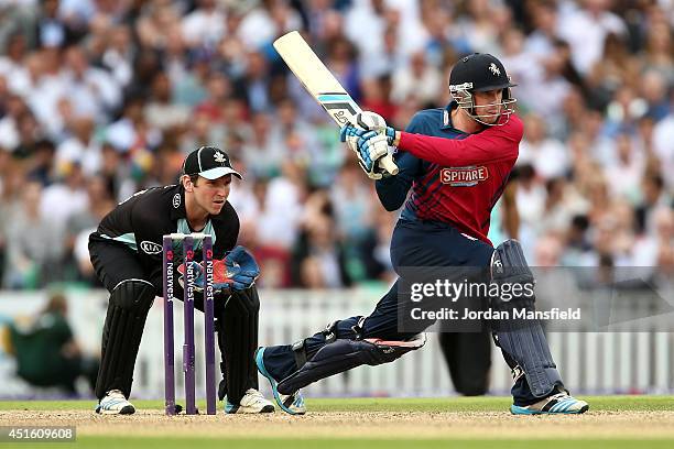 Alex Blake of Kent hits out for 6 during the Natwest T20 Blast match between Surrey and Kent Spitfires at The Kia Oval on July 2, 2014 in London,...