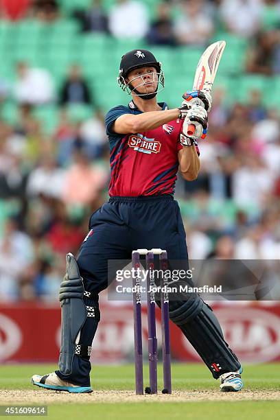 Fabian Cowdrey of Kent hits out for 6 during the Natwest T20 Blast match between Surrey and Kent Spitfires at The Kia Oval on July 2, 2014 in London,...