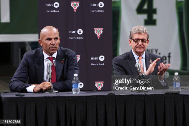 Co-owners Marc Lasry and Wesley Edens, and general manager John Hammond of the Milwaukee Bucks introduce Jason Kidd as the new head coach during a...