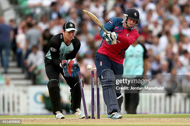 Alex Blake of Kent is bowled out by Gareth Batty of Surrey during the Natwest T20 Blast match between Surrey and Kent Spitfires at The Kia Oval on...
